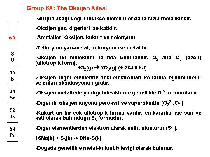 Group 6 A: The Oksijen Ailesi -Grupta asagi dogru indikce elementler daha fazla metaliklesir.