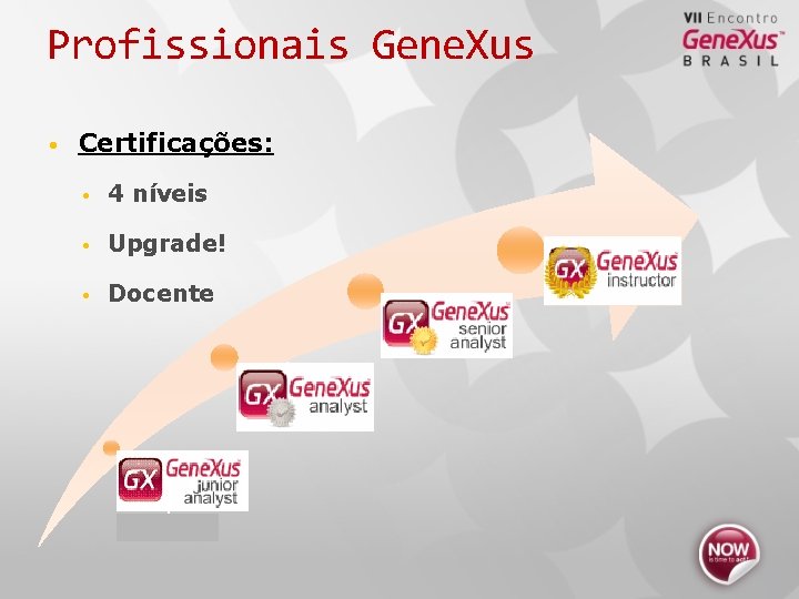 Profissionais Gene. Xus • Certificações: • 4 níveis • Upgrade! • Docente Instructor Analista