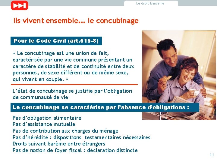 Le droit bancaire Ils vivent ensemble… le concubinage Pour le Code Civil (art. 515 Le droit bancaire Ils vivent ensemble… le concubinage Pour le Code Civil (art. 515