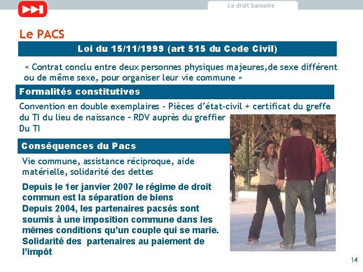 Le droit bancaire Le PACS Loi du 15/11/1999 (art 515 du Code Civil) «