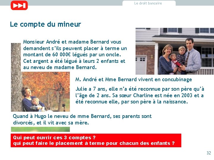 Le droit bancaire Le compte du mineur Monsieur André et madame Bernard vous demandent