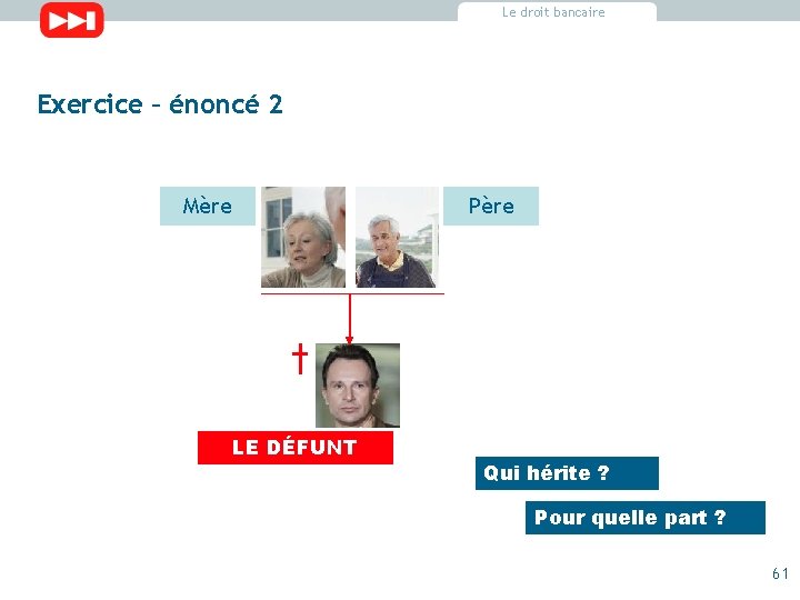 Le droit bancaire Exercice – énoncé 2 Mère Père LE DÉFUNT Qui hérite ? Le droit bancaire Exercice – énoncé 2 Mère Père LE DÉFUNT Qui hérite ?