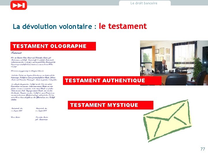 Le droit bancaire La dévolution volontaire : le testament TESTAMENT OLOGRAPHE TESTAMENT AUTHENTIQUE TESTAMENT