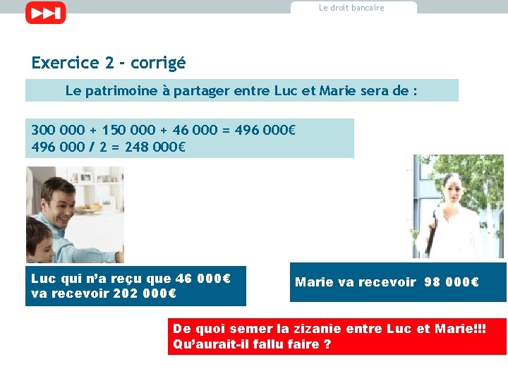 Le droit bancaire Exercice 2 - corrigé Le patrimoine à partager entre Luc et