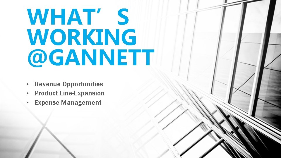 WHAT’S WORKING @GANNETT Revenue Opportunities • Product Line-Expansion • Expense Management • 