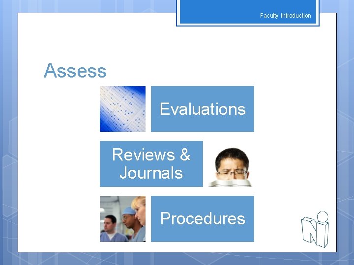 Faculty Introduction Assess Evaluations Reviews & Journals Procedures 