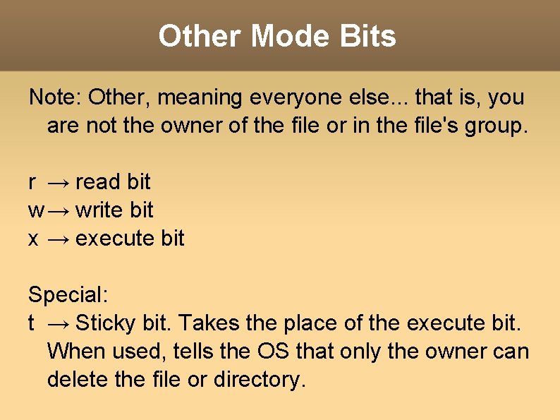 Other Mode Bits Note: Other, meaning everyone else. . . that is, you are