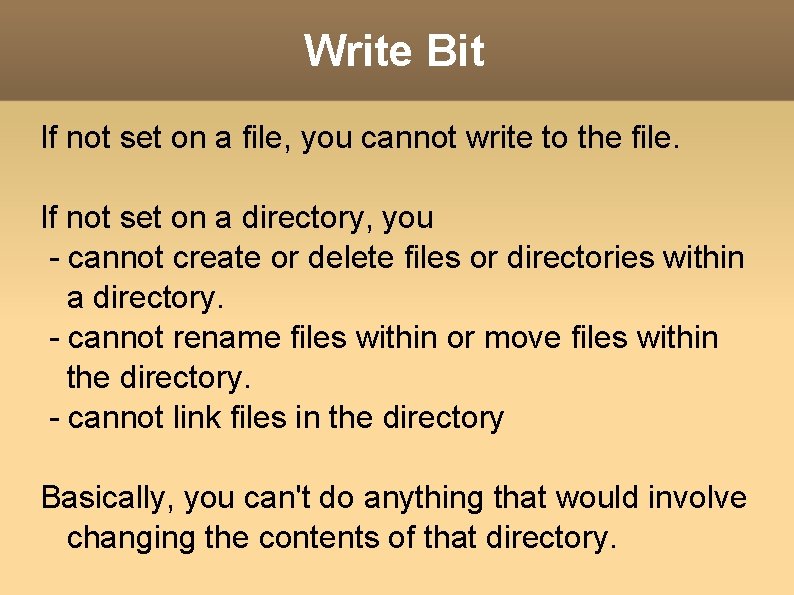 Write Bit If not set on a file, you cannot write to the file.