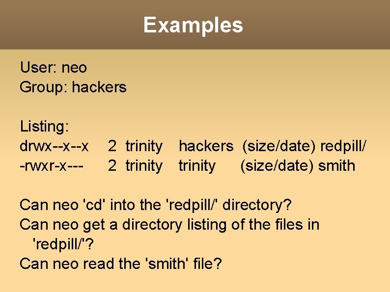 Examples User: neo Group: hackers Listing: drwx--x--x -rwxr-x--- 2 trinity hackers (size/date) redpill/ 2