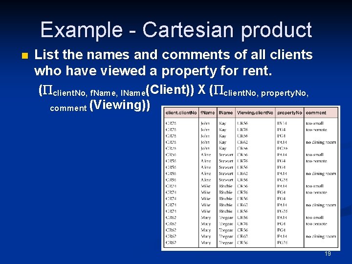 Example - Cartesian product n List the names and comments of all clients who