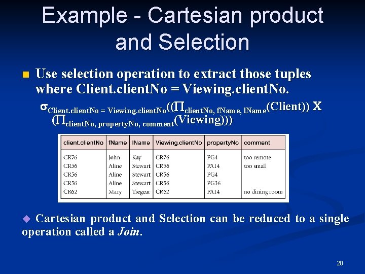 Example - Cartesian product and Selection n Use selection operation to extract those tuples