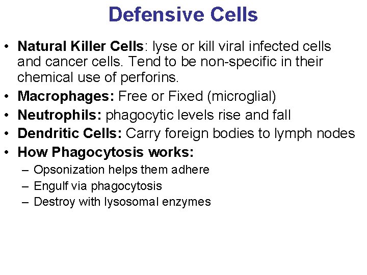 Defensive Cells • Natural Killer Cells: lyse or kill viral infected cells and cancer