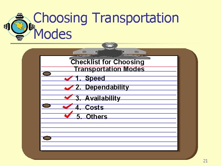 Choosing Transportation Modes Checklist for Choosing Transportation Modes 1. Speed 2. Dependability 3. Availability