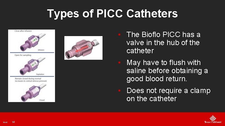 Types of PICC Catheters • The Bioflo PICC has a valve in the hub