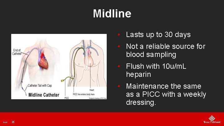 Midline • Lasts up to 30 days • Not a reliable source for blood