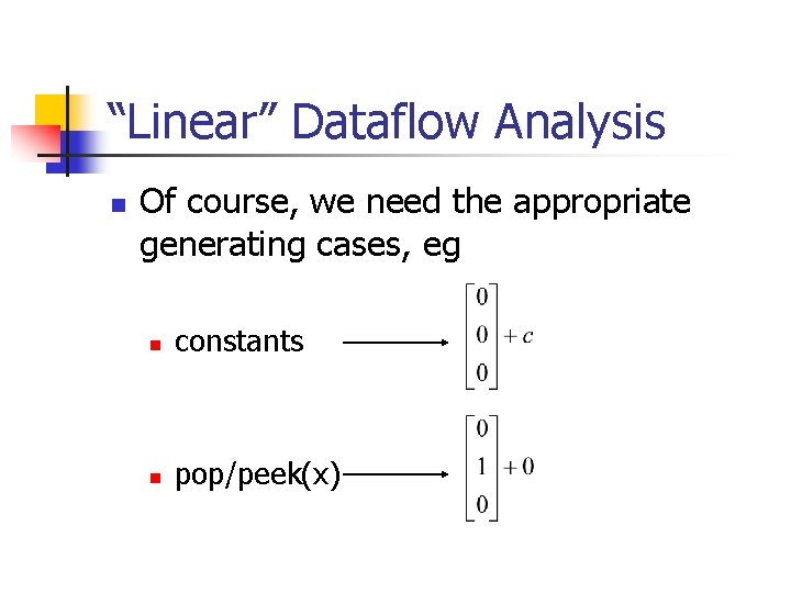 “Linear” Dataflow Analysis n Of course, we need the appropriate generating cases, eg n “Linear” Dataflow Analysis n Of course, we need the appropriate generating cases, eg n