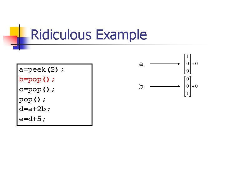 Ridiculous Example a=peek(2); b=pop(); c=pop(); d=a+2 b; e=d+5; a b Ridiculous Example a=peek(2); b=pop(); c=pop(); d=a+2 b; e=d+5; a b