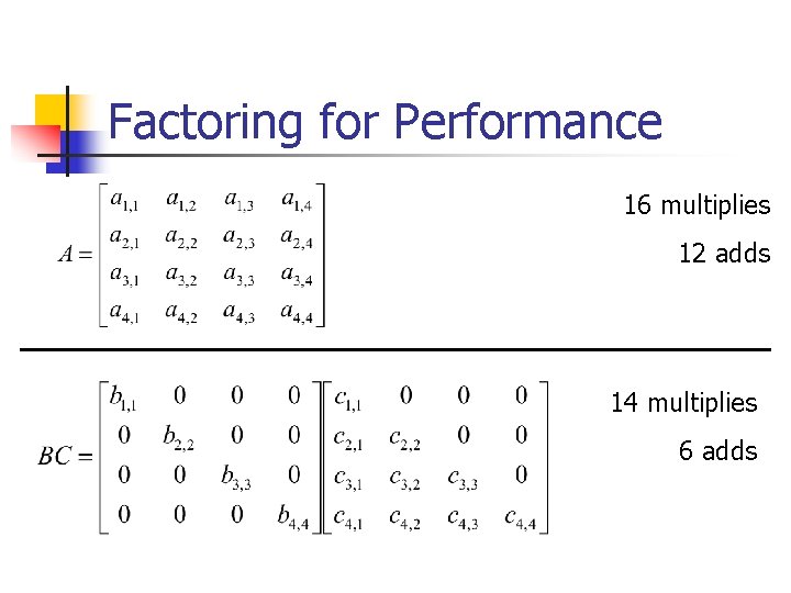 Factoring for Performance 16 multiplies 12 adds 14 multiplies 6 adds Factoring for Performance 16 multiplies 12 adds 14 multiplies 6 adds