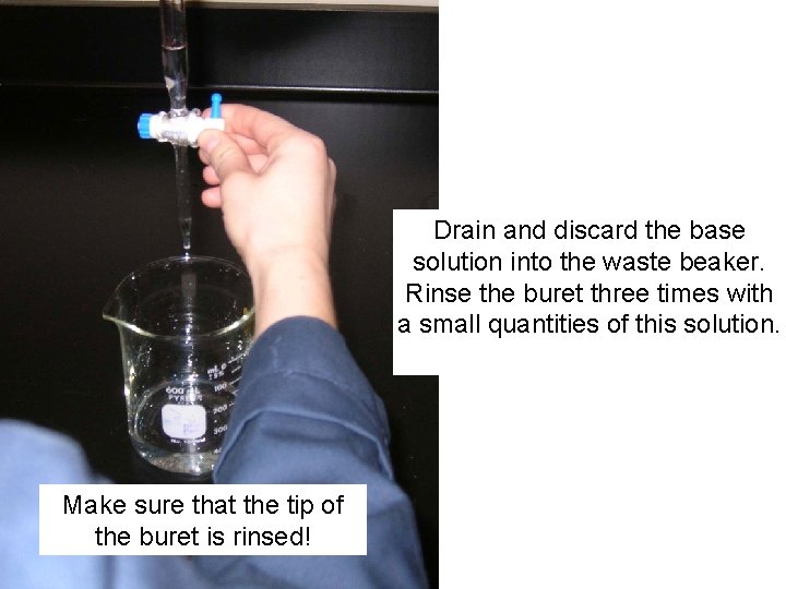 Drain and discard the base solution into the waste beaker. Rinse the buret three