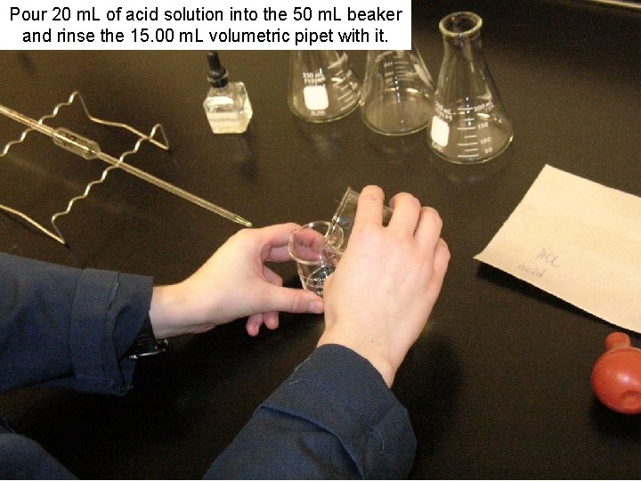 Pour 20 m. L of acid solution into the 50 m. L beaker and