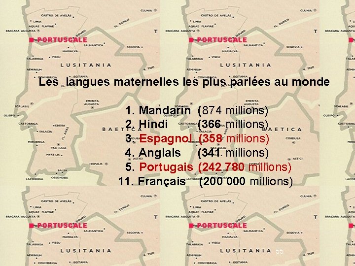 Les langues maternelles plus parlées au monde 1. Mandarin (874 millions) 2. Hindi (366