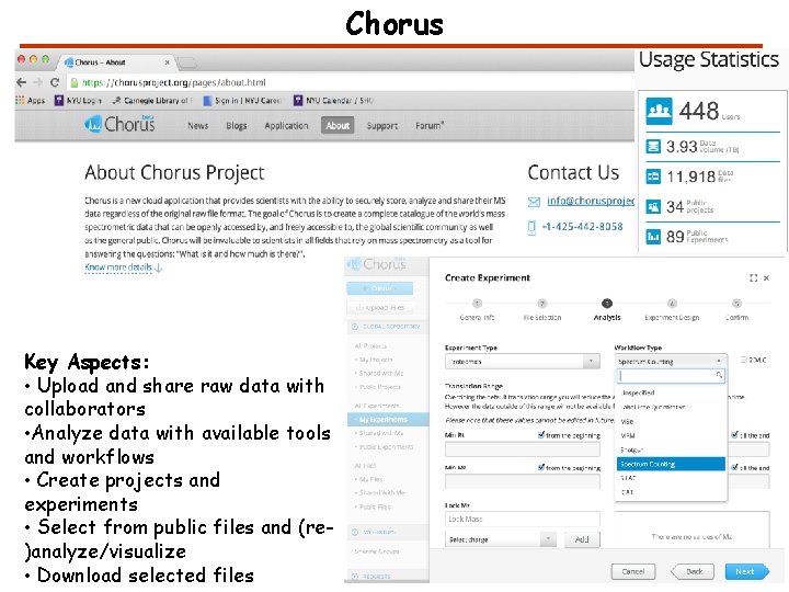 Chorus Key Aspects: • Upload and share raw data with collaborators • Analyze data