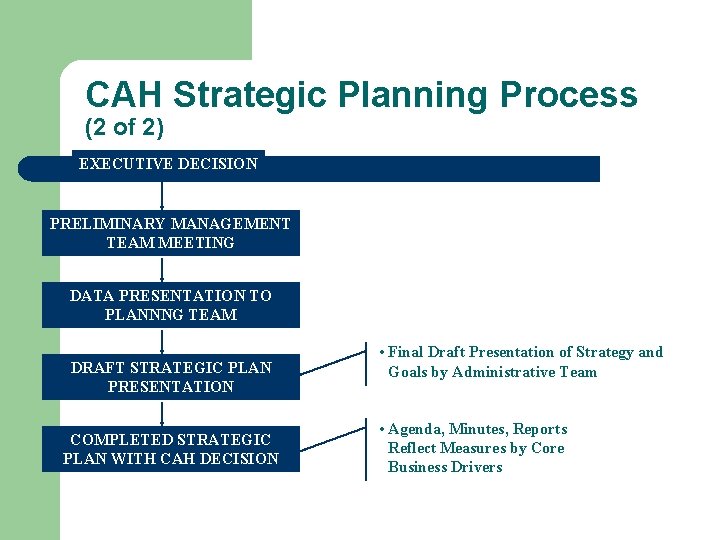 CAH Strategic Planning Process (2 of 2) EXECUTIVE DECISION PRELIMINARY MANAGEMENT TEAM MEETING DATA