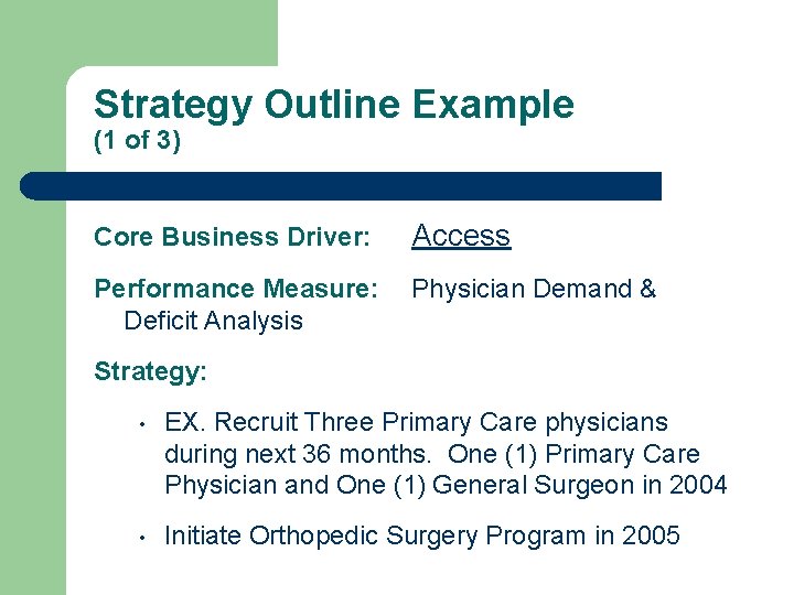 Strategy Outline Example (1 of 3) Core Business Driver: Access Performance Measure: Deficit Analysis