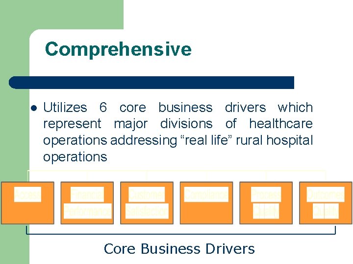 Comprehensive l Utilizes 6 core business drivers which represent major divisions of healthcare operations