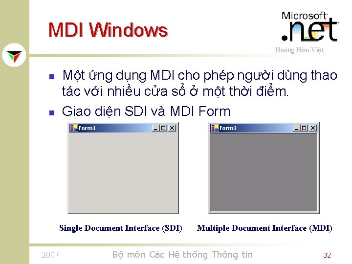 MDI Windows Hoàng Hữu Việt n n Một ứng dụng MDI cho phép người