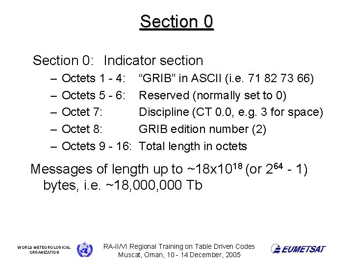 Section 0: Indicator section – – – Octets 1 - 4: Octets 5 -