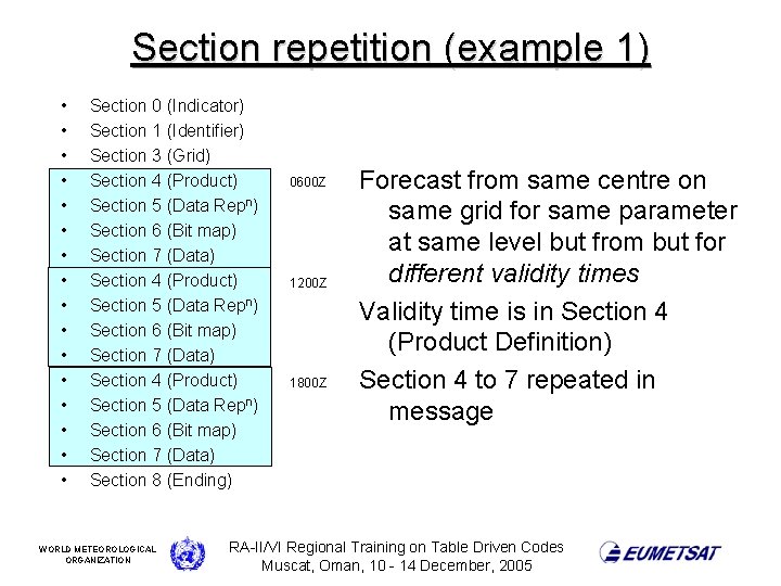Section repetition (example 1) • • • • Section 0 (Indicator) Section 1 (Identifier)