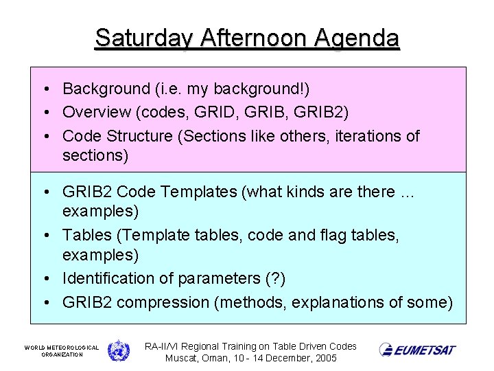 Saturday Afternoon Agenda • Background (i. e. my background!) • Overview (codes, GRID, GRIB