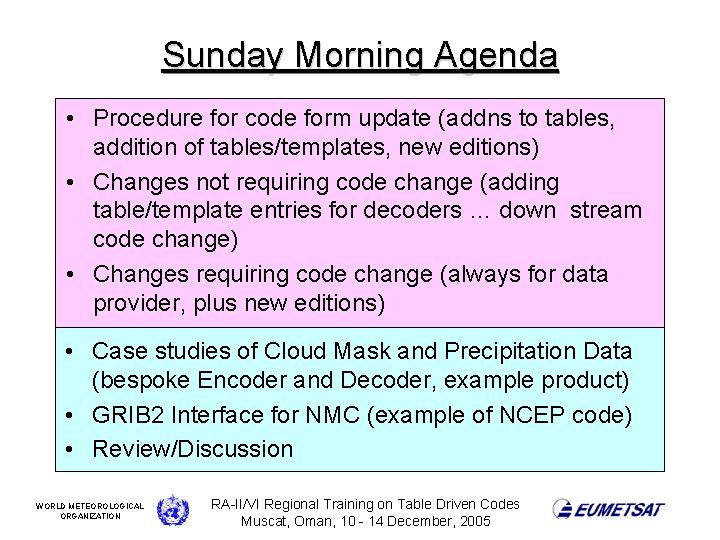 Sunday Morning Agenda • Procedure for code form update (addns to tables, addition of