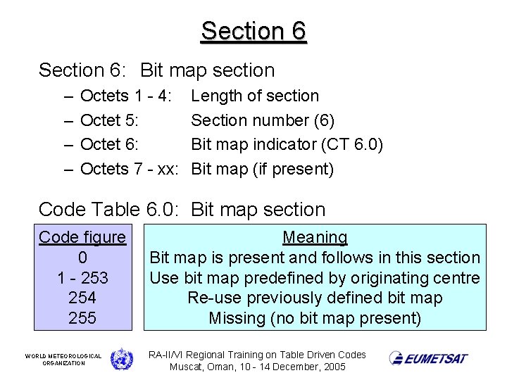Section 6: Bit map section – – Octets 1 - 4: Octet 5: Octet