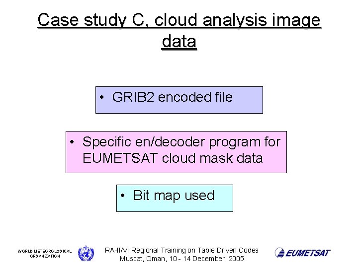 Case study C, cloud analysis image data • GRIB 2 encoded file • Specific