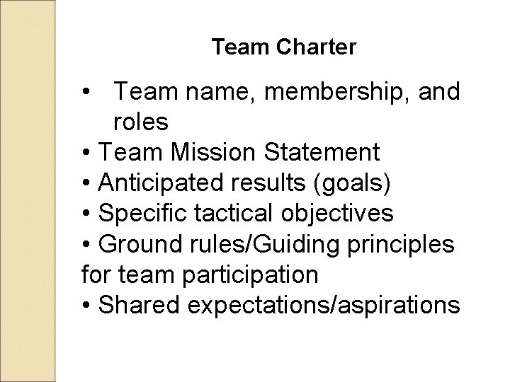 Team Charter • Team name, membership, and roles • Team Mission Statement • Anticipated