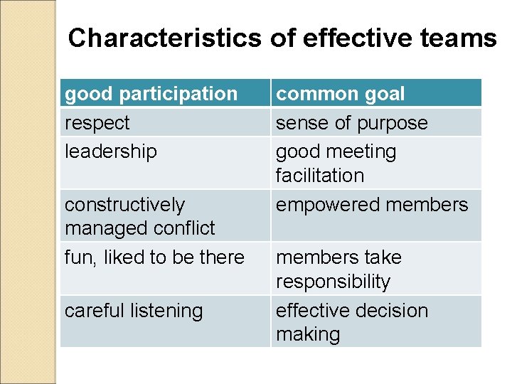 Characteristics of effective teams good participation respect leadership constructively managed conflict fun, liked to