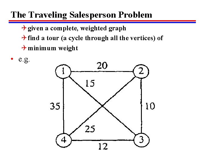 The Traveling Salesperson Problem Q given a complete, weighted graph Q find a tour