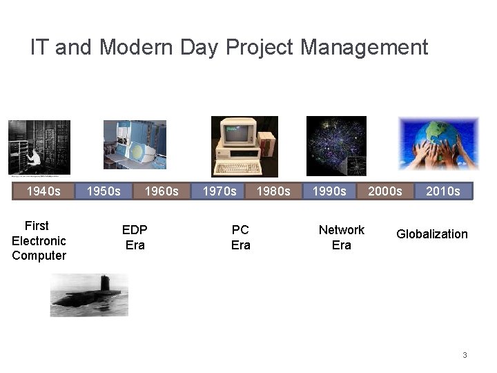 IT and Modern Day Project Management 1940 s First Electronic Computer 1950 s 1960