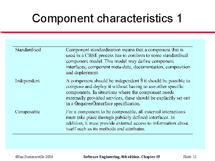 Component characteristics 1 ©Ian Sommerville 2006 Software Engineering, 8 th edition. Chapter 19 Slide