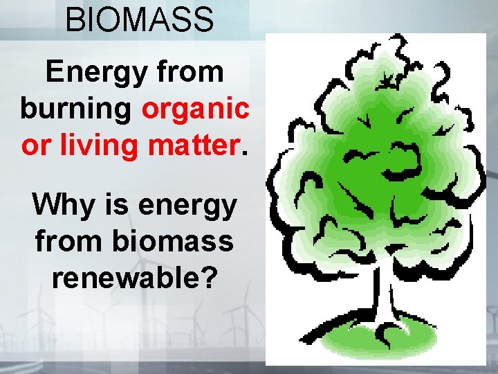 BIOMASS Energy from burning organic or living matter. Why is energy from biomass renewable?