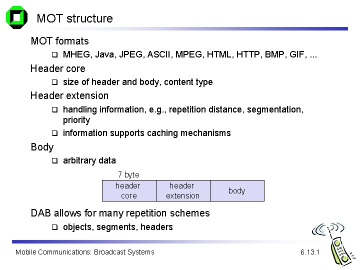 MOT structure MOT formats q MHEG, Java, JPEG, ASCII, MPEG, HTML, HTTP, BMP, GIF,