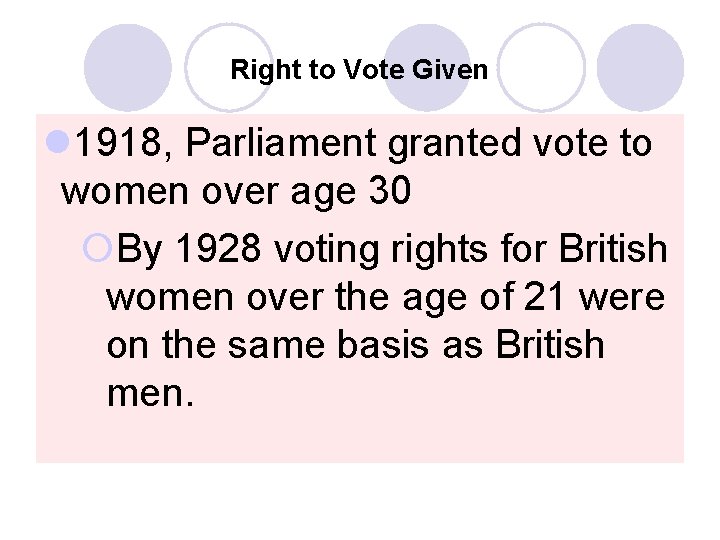 Right to Vote Given l 1918, Parliament granted vote to women over age 30
