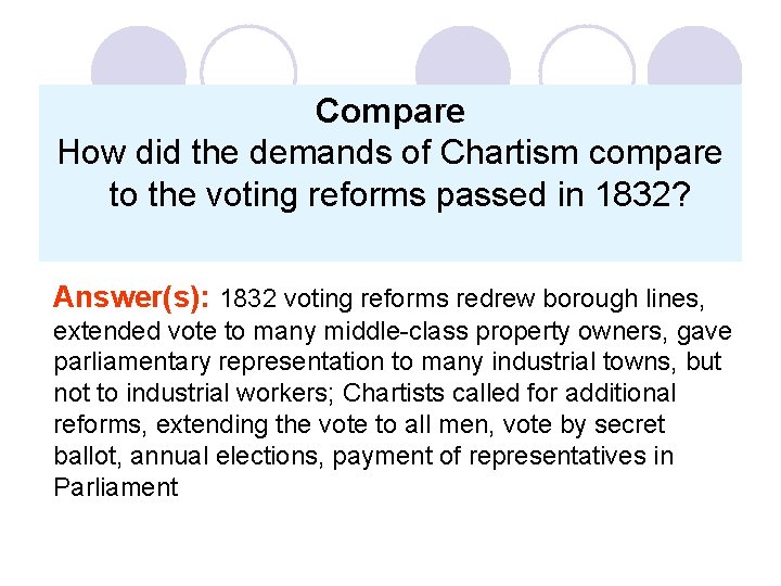 Compare How did the demands of Chartism compare to the voting reforms passed in Compare How did the demands of Chartism compare to the voting reforms passed in