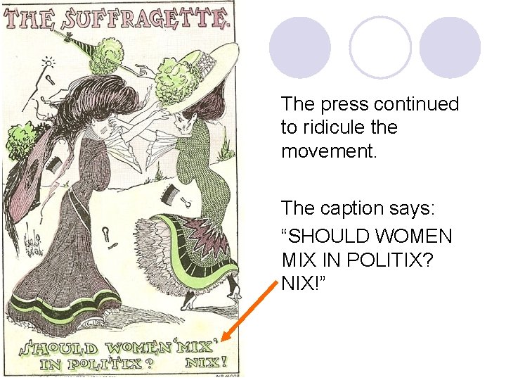 The press continued to ridicule the movement. The caption says: “SHOULD WOMEN MIX IN The press continued to ridicule the movement. The caption says: “SHOULD WOMEN MIX IN