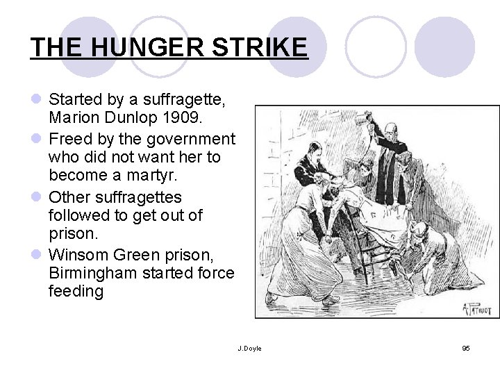 THE HUNGER STRIKE l Started by a suffragette, Marion Dunlop 1909. l Freed by