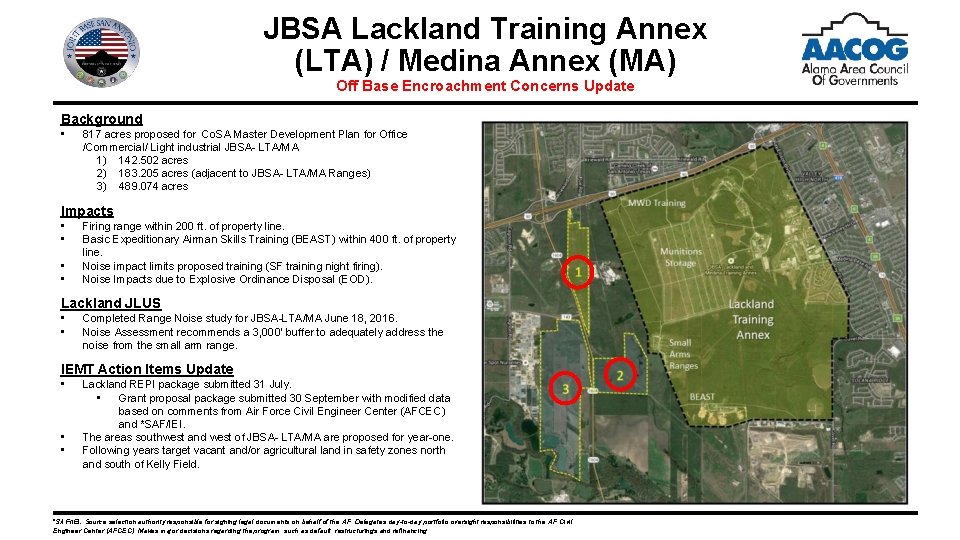 JBSA Lackland Training Annex (LTA) / Medina Annex (MA) Off Base Encroachment Concerns Update