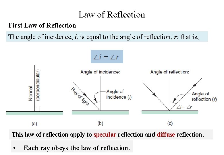 Law of Reflection First Law of Reflection The angle of incidence, i, is equal
