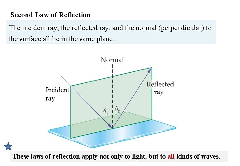 Second Law of Reflection The incident ray, the reflected ray, and the normal (perpendicular)